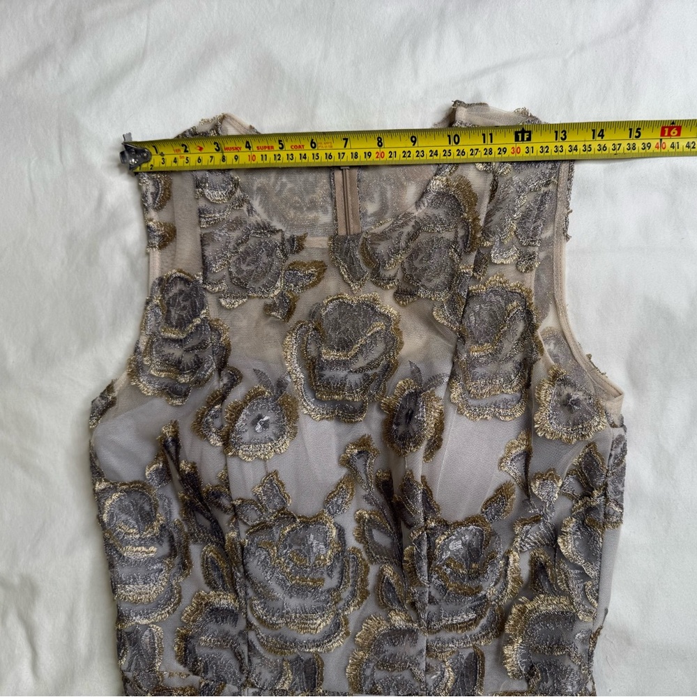 Hitherto Metallic Floral Embroidered Dress Gold Silver Fit Flare USA Made Sz 6 - Picture 9 of 13